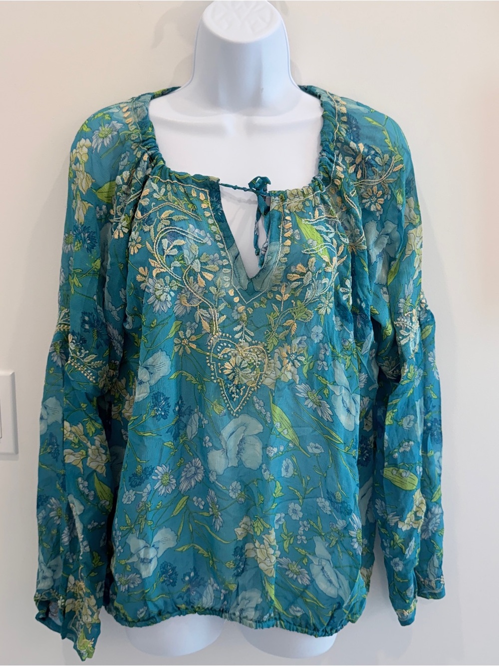 Floral Tie-Neck Peasant Tunic in Teal
